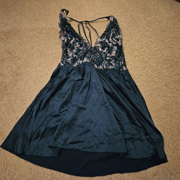 Auden Intimates Sleepwear Auden Teal Blue Satin Lace Lingerie Chemise Mini Slip Dress